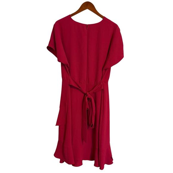 Express Women's Pink Dress Wrap Short Sleeve Knee Length Crepe Fuchsia Ruffle XL - Picture 6 of 10